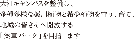 大江キャンパスを整備し、多種多様な薬用植物と希少動物を守り、育て、地域の皆さんへ開放する「薬草パーク」を目指します。